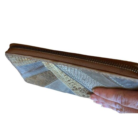 Fossil Brown Leather Wallet With Animal Print Skins On Front Zip Around 8” Wide - Picture 6 of 9